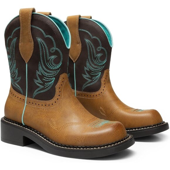 Women's Cowgirl Round Toe Embroidered Mid Calf Western Boot Concert Tan Brown - Picture 4 of 7